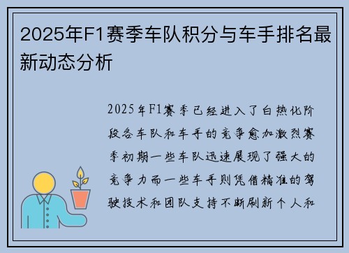 2025年F1赛季车队积分与车手排名最新动态分析