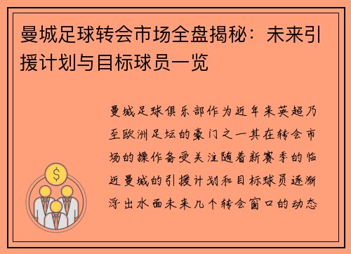 曼城足球转会市场全盘揭秘：未来引援计划与目标球员一览