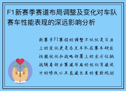 F1新赛季赛道布局调整及变化对车队赛车性能表现的深远影响分析