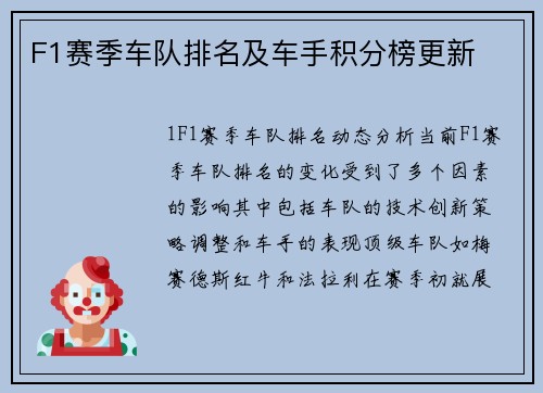 F1赛季车队排名及车手积分榜更新